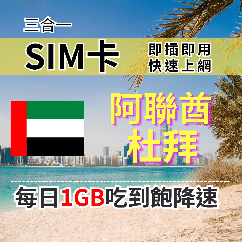 【實體卡】杜拜 阿聯酋上網SIM卡 吃到飽每天1GB 超過降速