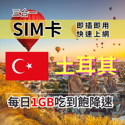 【實體卡】土耳其上網SIM卡 吃到飽每天1GB 超過降速