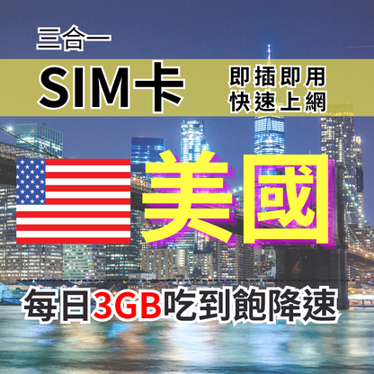 【實體卡】美國上網SIM卡 吃到飽每天3GB 超過降速