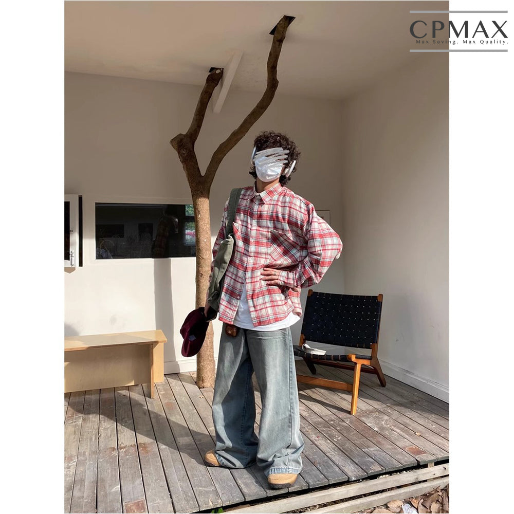 【CPMAX】美式復古格子休閒慵懶襯衫 寬鬆 風長袖襯 百搭外套 格子襯衫 慵懶風 百搭 長袖襯衫【B123】